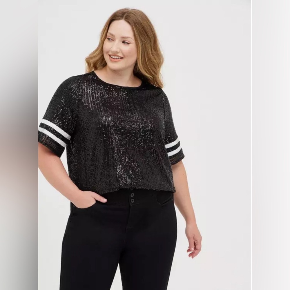 Torrid Abbey Blouse - Sequin Football Stripe Black - Picture 1 of 6